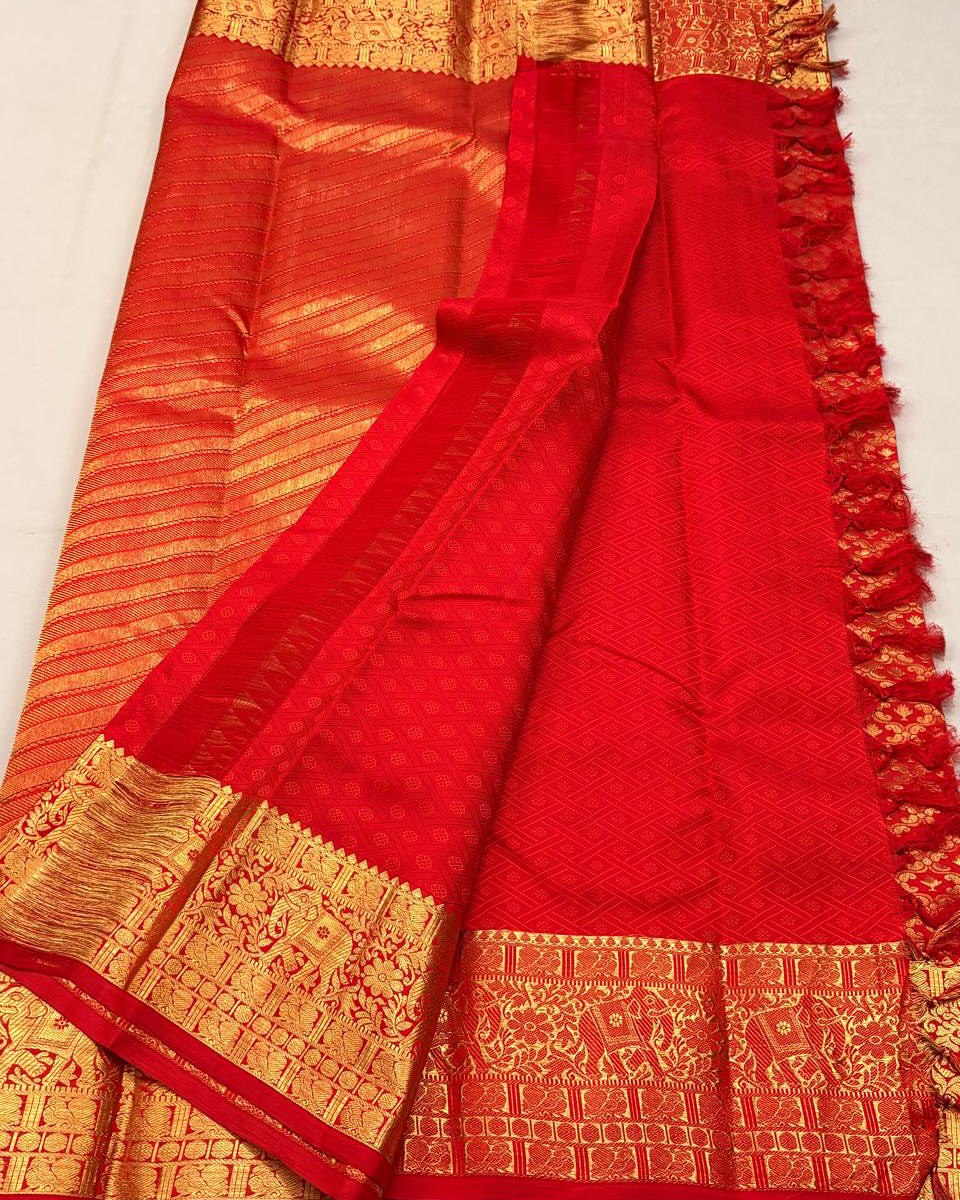 Bhairavi – Temple Red Banarasi Soft Silk Saree with Elephant Zari Border &amp; Paisley Pallu