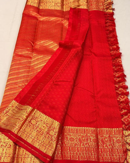 Bhairavi – Temple Red Banarasi Soft Silk Saree with Elephant Zari Border &amp; Paisley Pallu