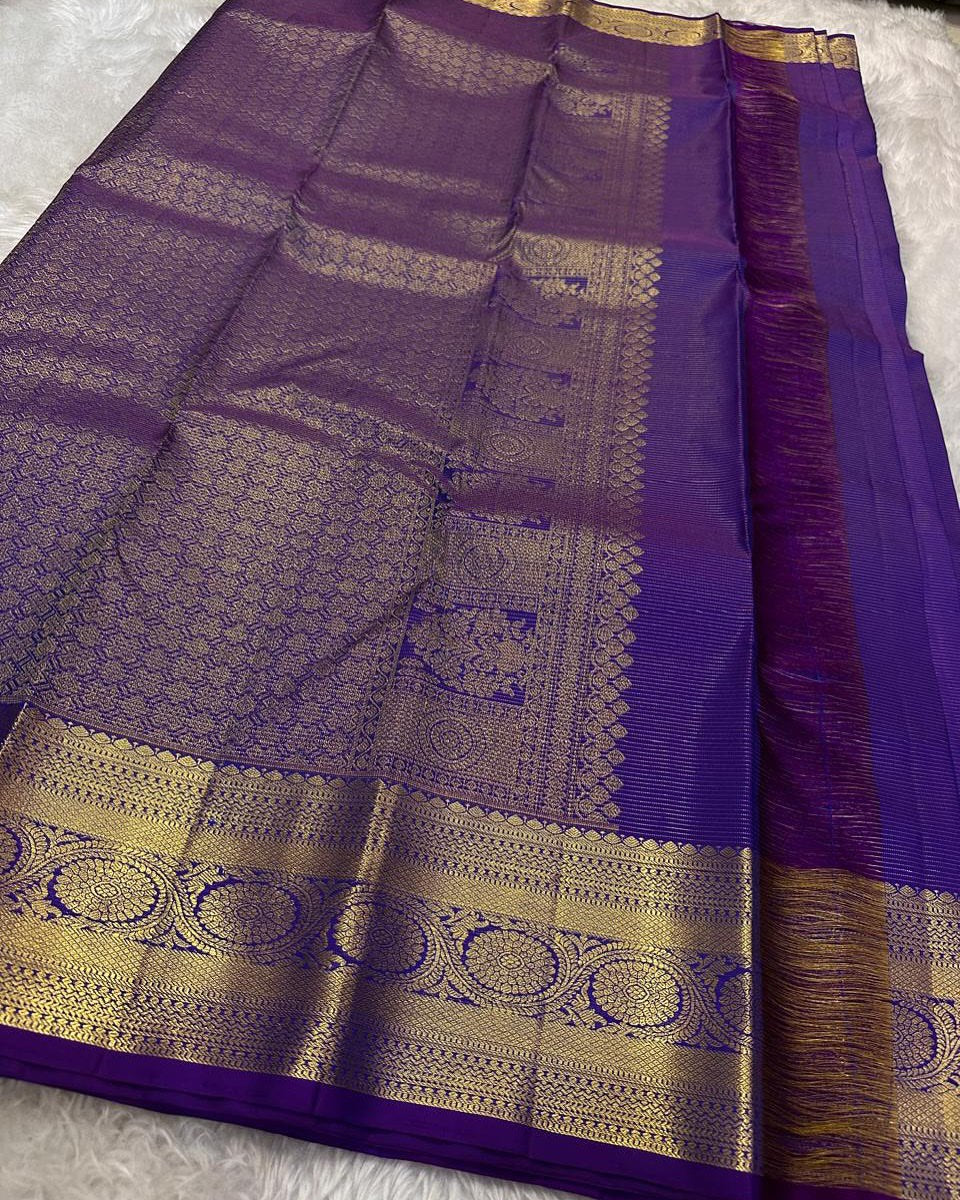 Ayushi – Purple Banarasi Soft Silk Saree with Gold Zari Butti &amp; Heritage Border