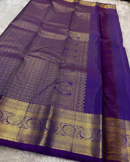 Ayushi – Purple Banarasi Soft Silk Saree with Gold Zari Butti &amp; Heritage Border