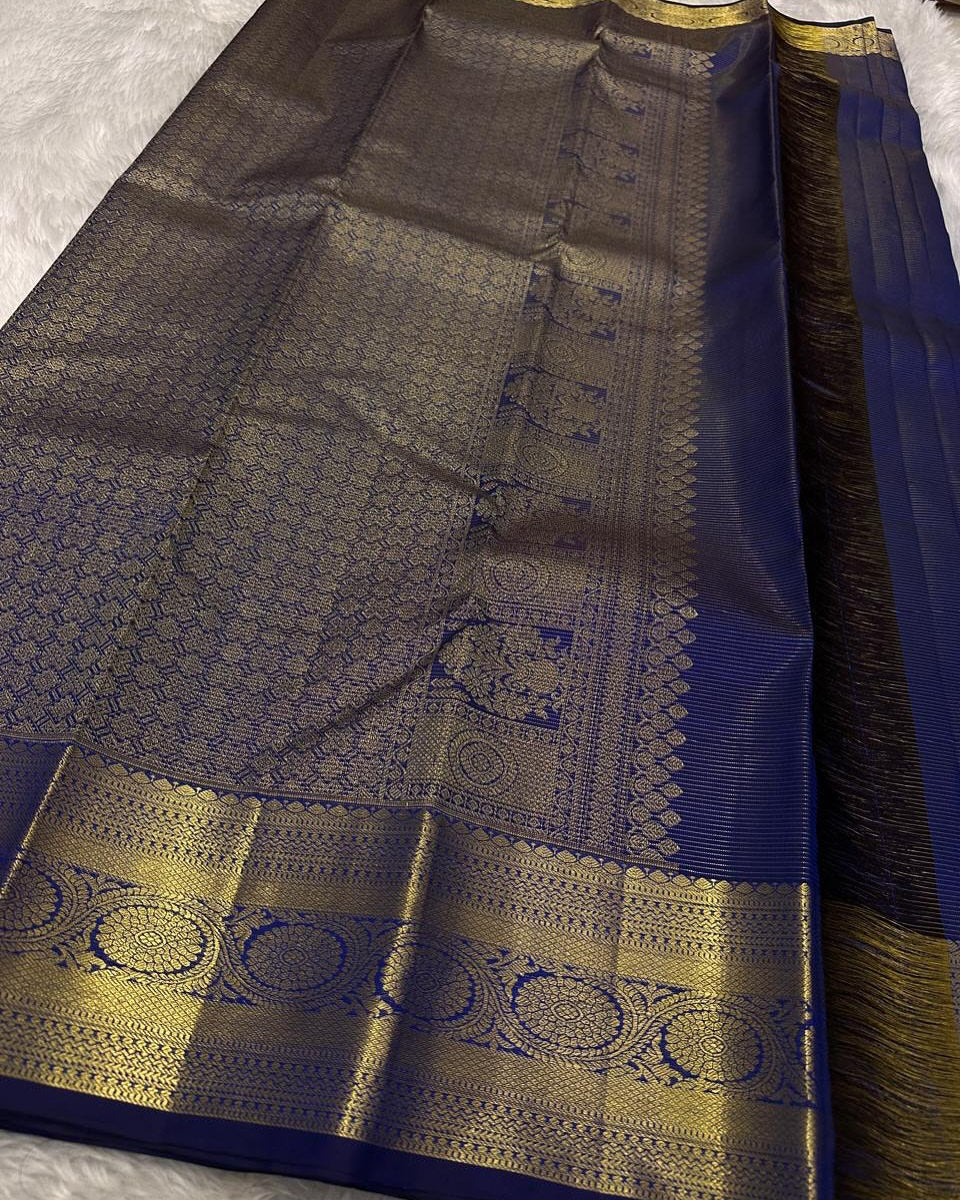 Ayushi – Royal Blue Banarasi Soft Silk Saree with Gold Zari Butti &amp; Classic Border