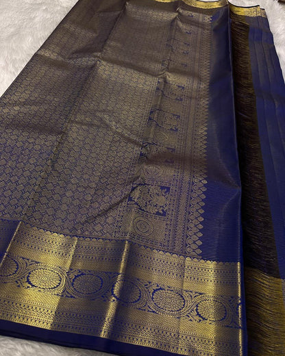 Ayushi – Royal Blue Banarasi Soft Silk Saree with Gold Zari Butti &amp; Classic Border