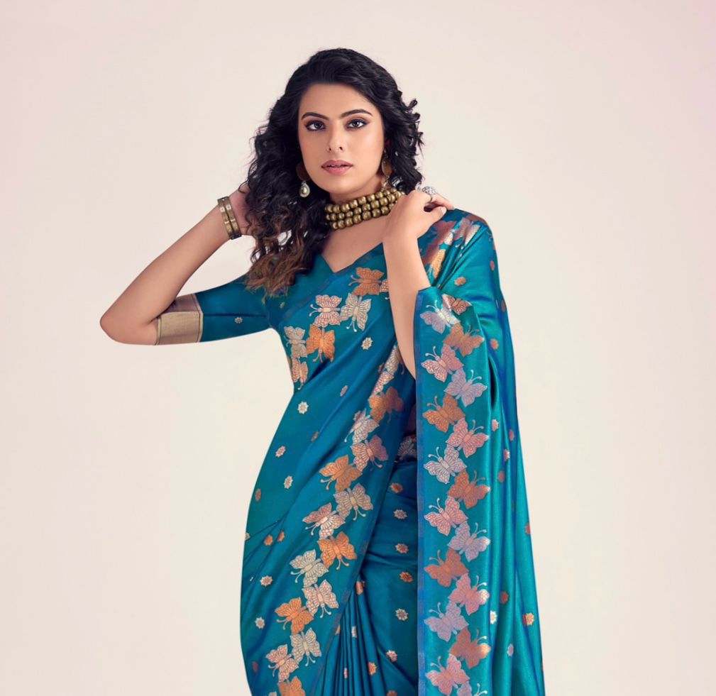 Nihika Blue Banarasi Silk Saree WIth Fabulouse Blouse Piece