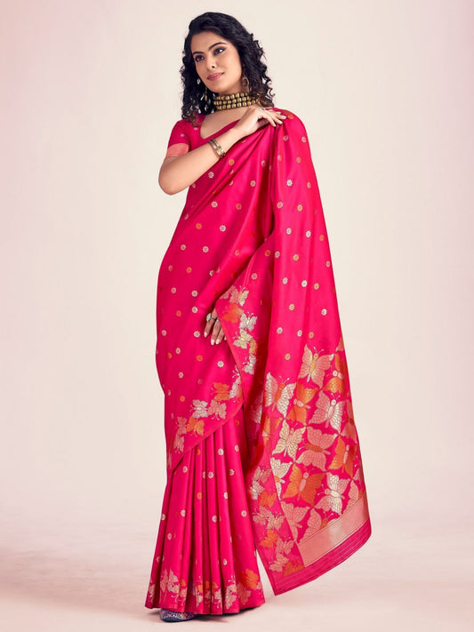 Nihika Cherry Red Banarasi Silk Saree WIth Fabulouse Blouse Piece