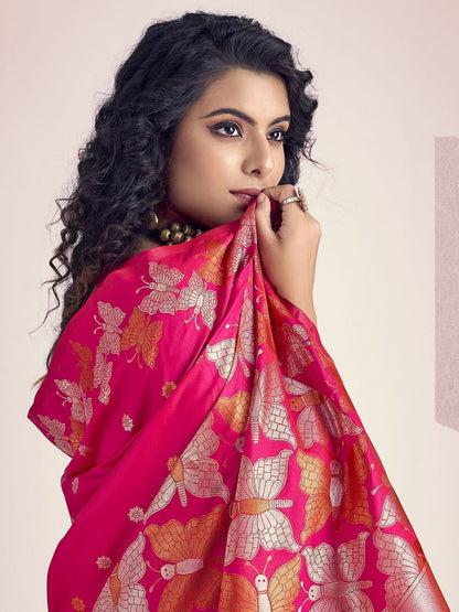 Nihika Cherry Red Banarasi Silk Saree WIth Fabulouse Blouse Piece