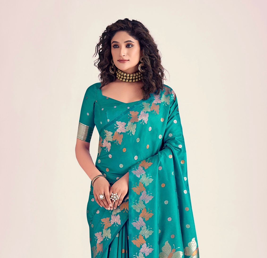 Nihika Rama Blue Banarasi Silk Saree WIth Fabulouse Blouse Piece