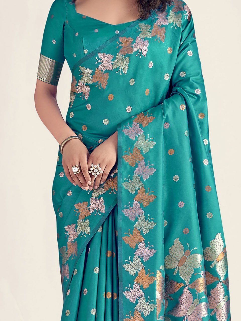 Nihika Rama Blue Banarasi Silk Saree WIth Fabulouse Blouse Piece