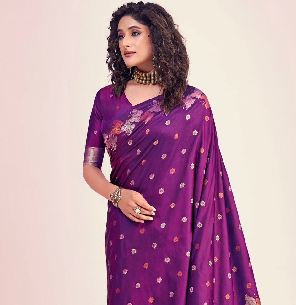 Nihika Deep Purple Banarasi Silk Saree WIth Fabulouse Blouse Piece