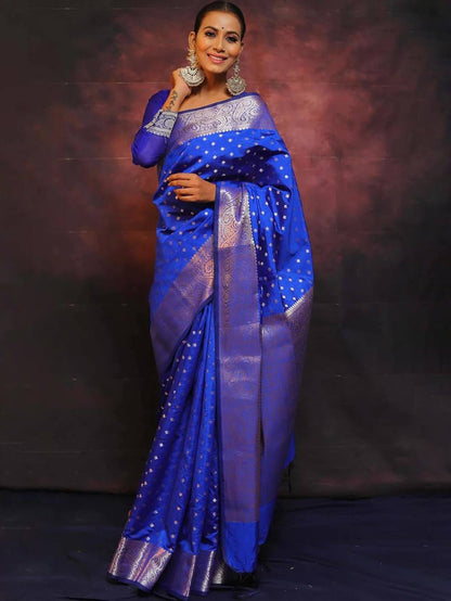 Majestic Blue Splendo Banarasi Silk Saree WIth Fabulouse Blouse Piece