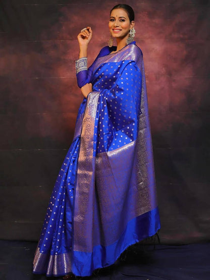 Majestic Blue Splendo Banarasi Silk Saree WIth Fabulouse Blouse Piece