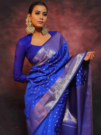 Majestic Blue Splendo Banarasi Silk Saree WIth Fabulouse Blouse Piece