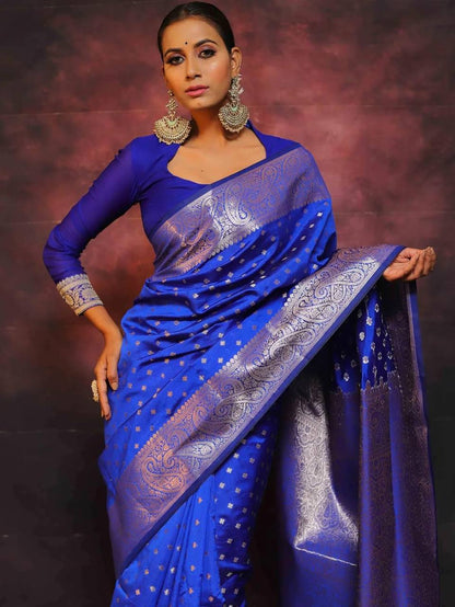 Majestic Blue Splendo Banarasi Silk Saree WIth Fabulouse Blouse Piece