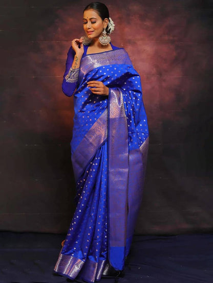 Majestic Blue Splendo Banarasi Silk Saree WIth Fabulouse Blouse Piece