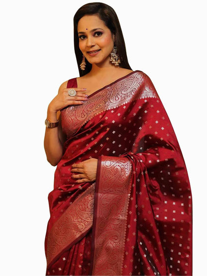 Majestic Maroon Splendo Banarasi Silk Saree WIth Fabulouse Blouse Piece