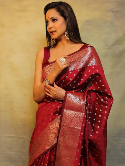 Majestic Maroon Splendo Banarasi Silk Saree WIth Fabulouse Blouse Piece