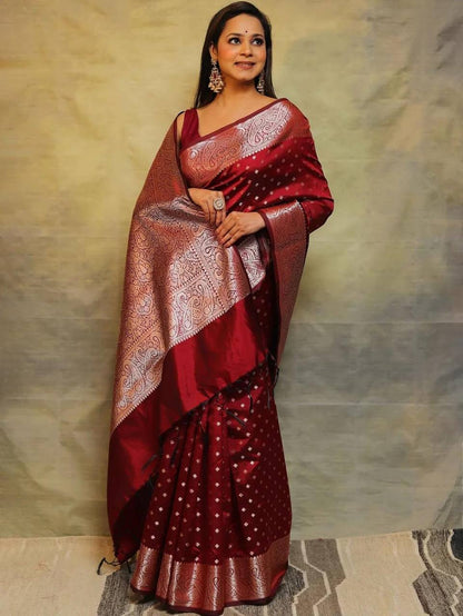 Majestic Maroon Splendo Banarasi Silk Saree WIth Fabulouse Blouse Piece