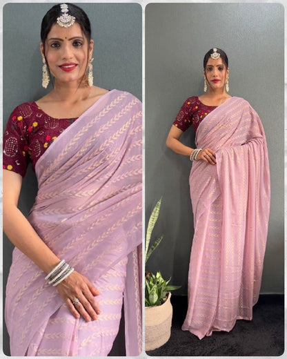 Lata Light Pink Georgette Silk Saree With Embroidery Blouse