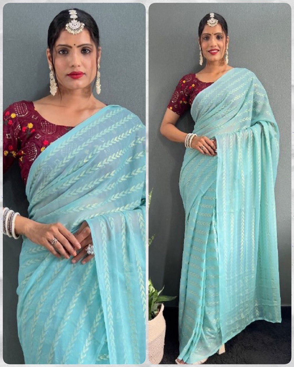 Lata SkyBlue Georgette Silk Saree With Embroidery Blouse