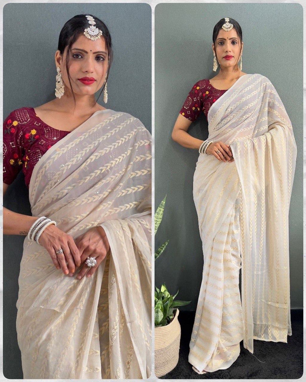 Lata Cream Georgette Silk Saree With Embroidery Blouse