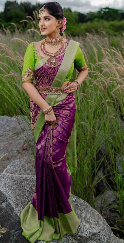 Niyara Green and Purple Banarasi Silk Saree With Fabulous Blouse Piece