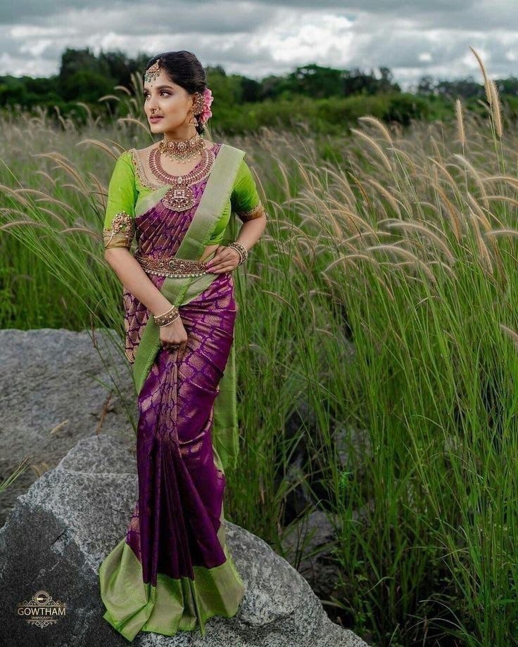 Niyara Green and Purple Banarasi Silk Saree With Fabulous Blouse Piece