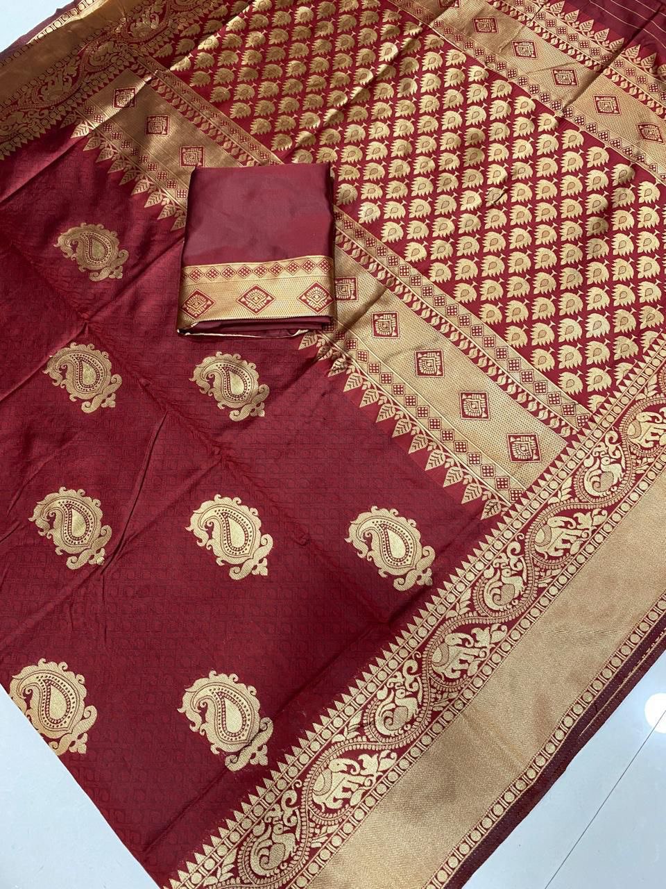 Shrisha Maroon Banarasi Silk Saree With Fabulous Blouse Piece