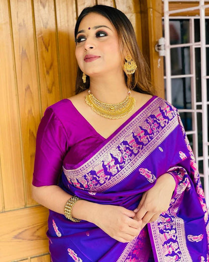 Margo Purple Banarasi Silk Saree With Fabulous Blouse Piece