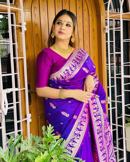 Margo Purple Banarasi Silk Saree With Fabulous Blouse Piece