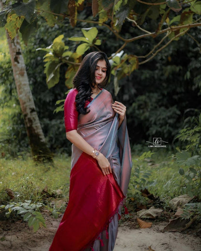 Asha Rose Red Banarasi Silk Saree With Fabulous Blouse Piece