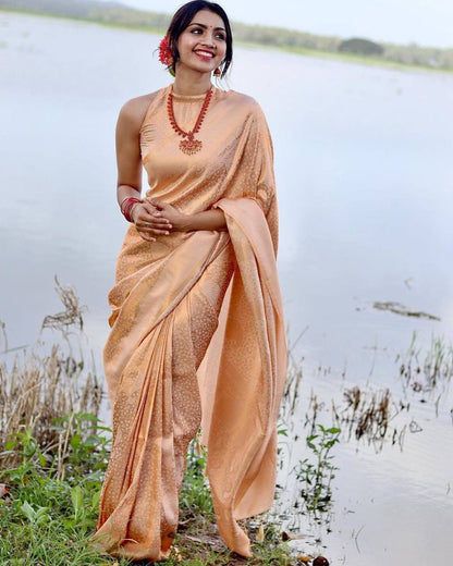 Jenisha Light Peach Banarasi Silk Saree With Fabulous Blouse Piece