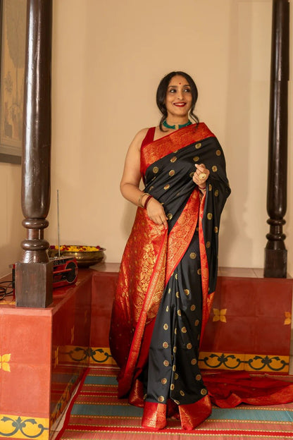 Rosey Black Banarasi Silk Saree With Fabulous Blouse Piece