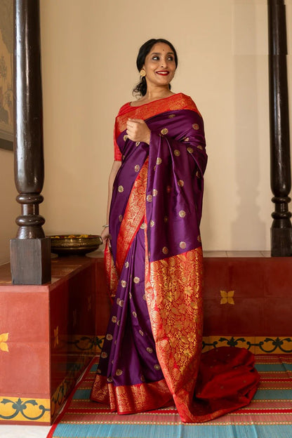 Rosey Purple Banarasi Silk Saree With Fabulous Blouse Piece