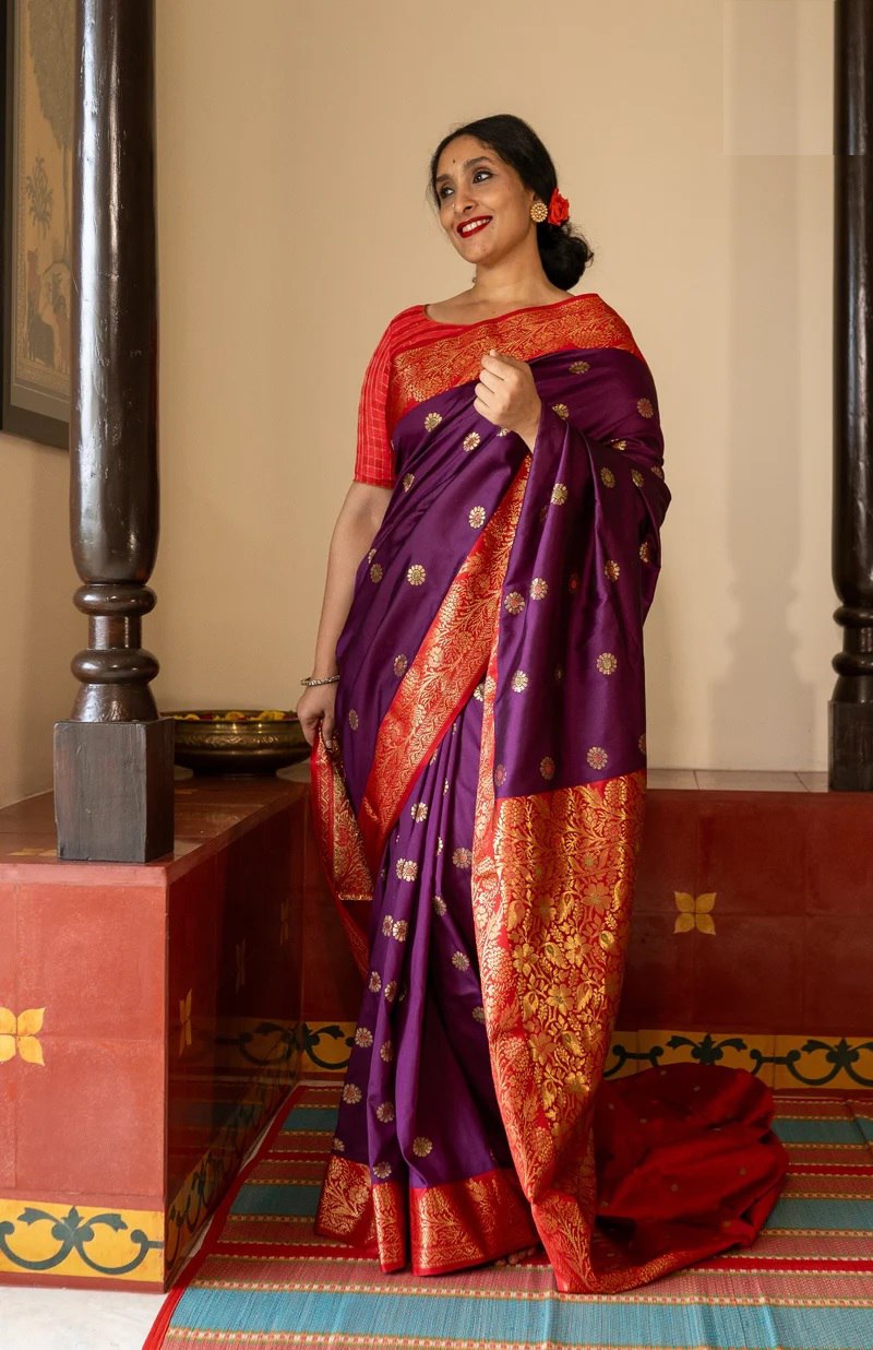 Rosey Purple Banarasi Silk Saree With Fabulous Blouse Piece