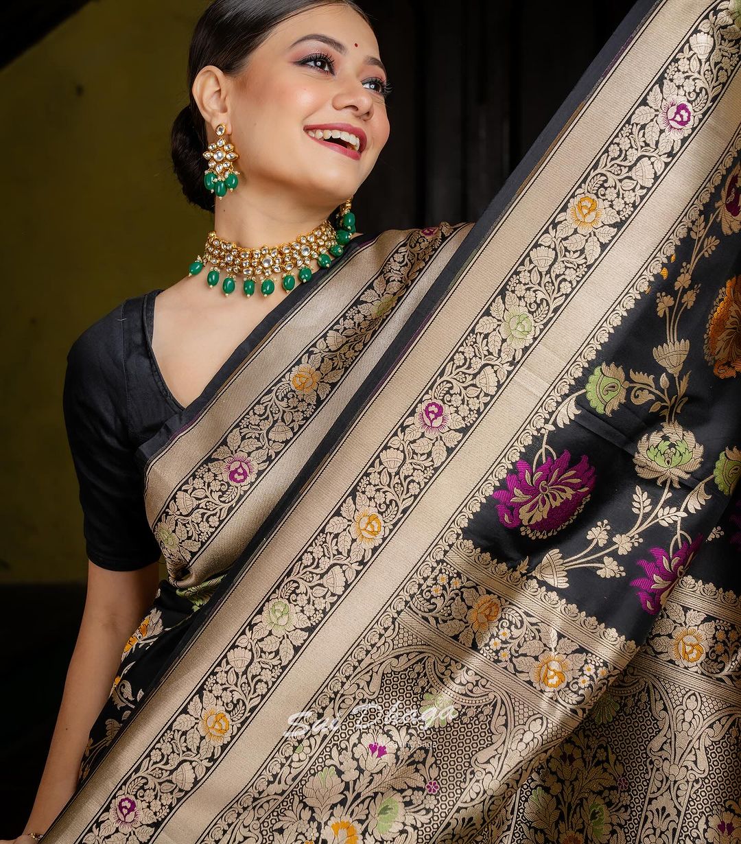 krutiksha Black Banarasi Silk Saree With Fabulous Blouse Piece