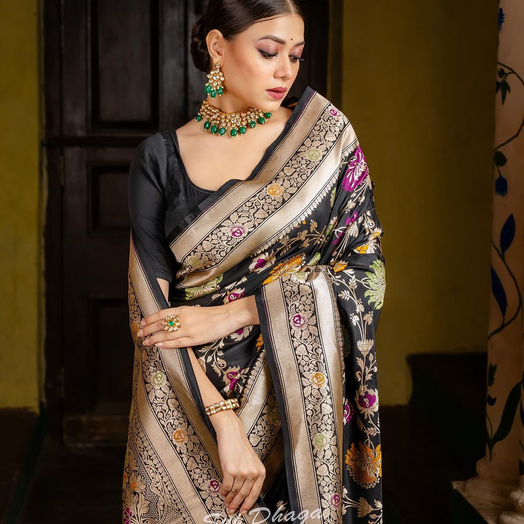 krutiksha Black Banarasi Silk Saree With Fabulous Blouse Piece