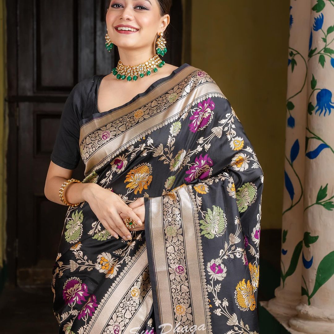 krutiksha Black Banarasi Silk Saree With Fabulous Blouse Piece