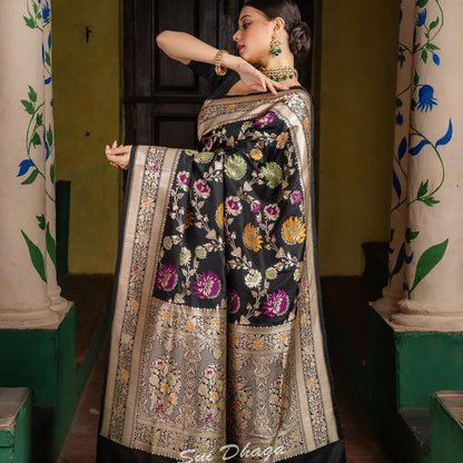 krutiksha Black Banarasi Silk Saree With Fabulous Blouse Piece