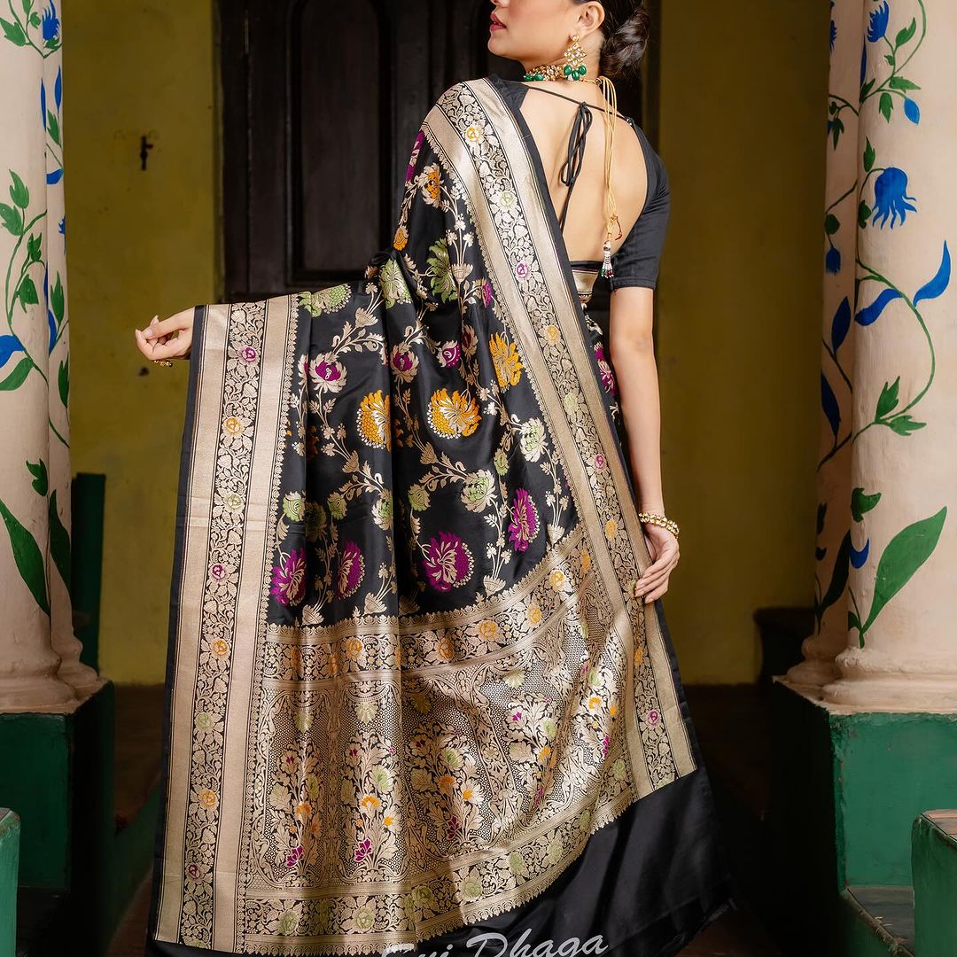 krutiksha Black Banarasi Silk Saree With Fabulous Blouse Piece