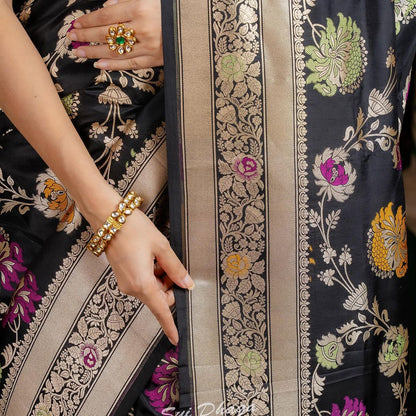 krutiksha Black Banarasi Silk Saree With Fabulous Blouse Piece