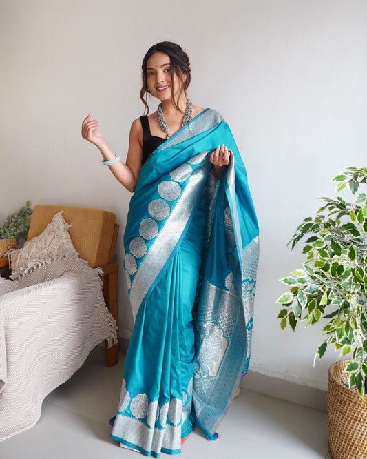 Angel Blue Banarasi Silk Saree With Fabulous Blouse Piece