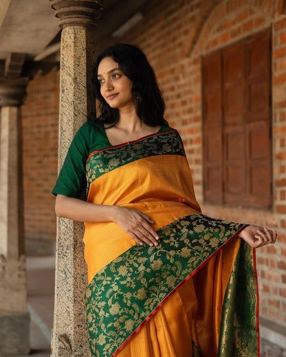 Venisha Yellow Banarasi Silk Saree With Fabulous Blouse Piece