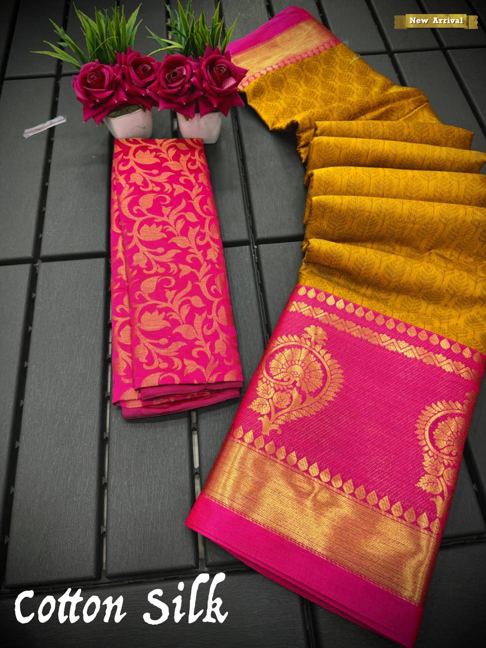 Nari Yellow-Pink Cotton Silk Saree