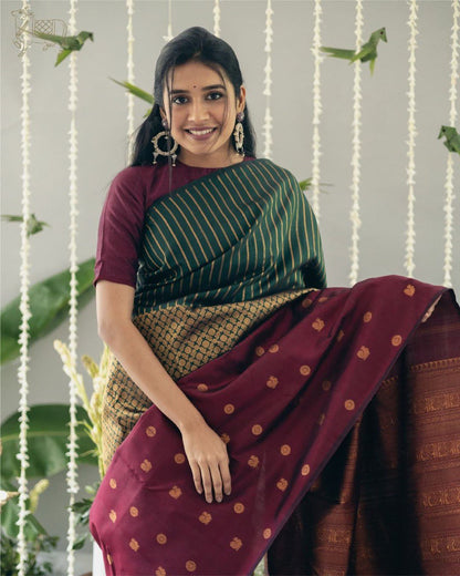 Banu Green And Maroon Banarasi Silk Saree WIth Fabulouse Blouse Piece