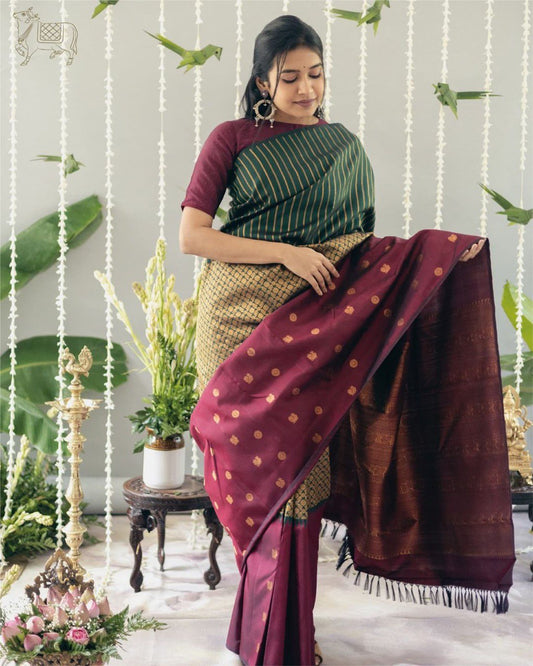 Banu Green And Maroon Banarasi Silk Saree WIth Fabulouse Blouse Piece