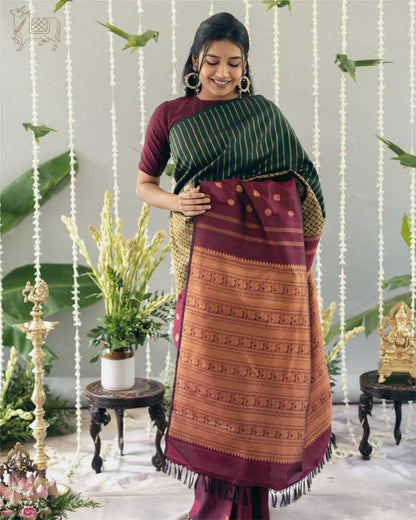 Banu Green And Maroon Banarasi Silk Saree WIth Fabulouse Blouse Piece