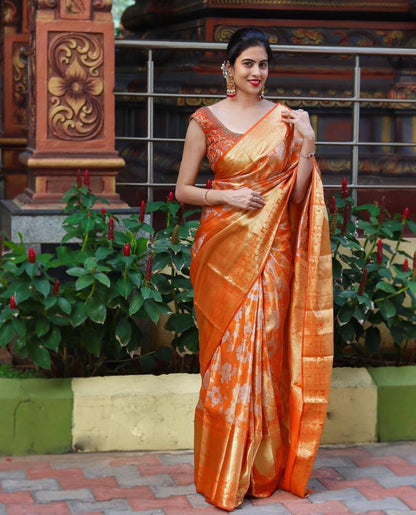 Amber Delight Banarasi Silk Saree WIth Fabulouse Blouse Piece