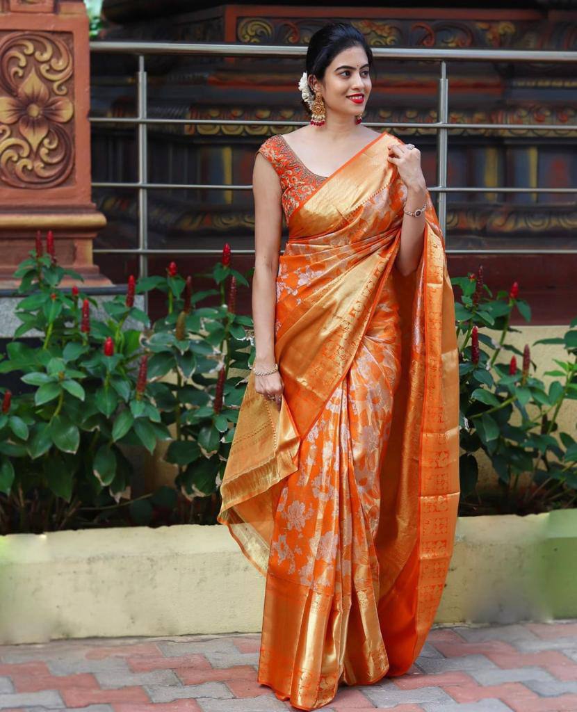 Amber Delight Banarasi Silk Saree WIth Fabulouse Blouse Piece