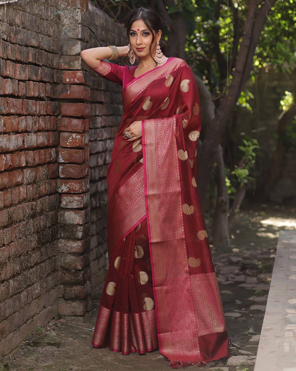 Valentine Red Banarasi Silk Saree WIth Fabulouse Blouse Piece