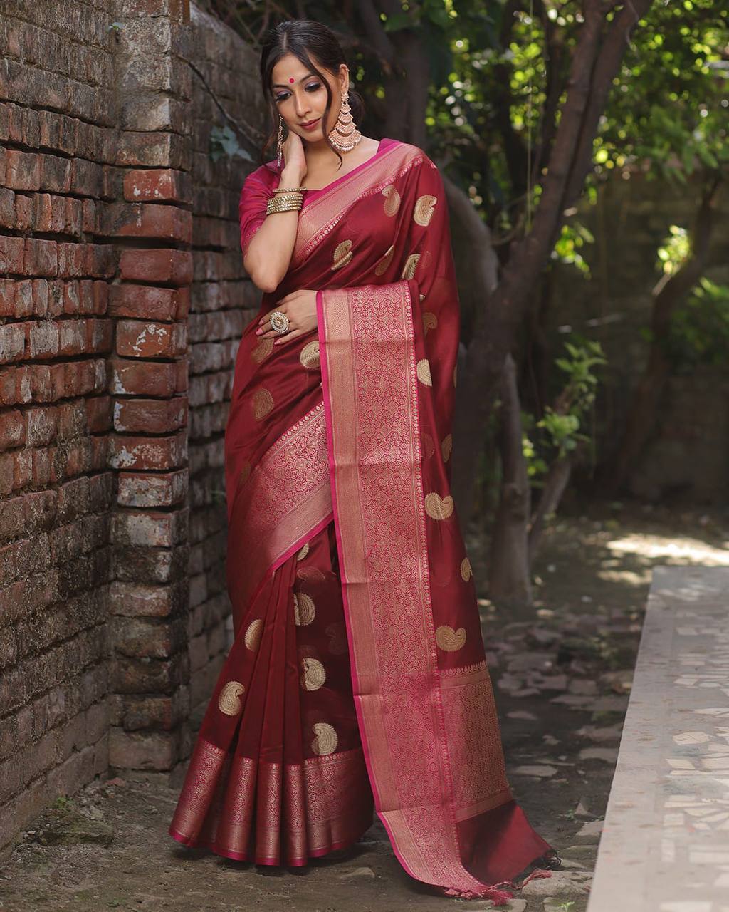 Valentine Red Banarasi Silk Saree WIth Fabulouse Blouse Piece