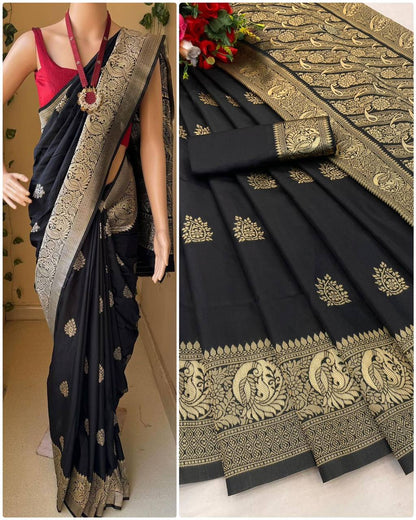 Ruby Black Radiance Banarasi Silk Saree WIth Fabulouse Blouse Piece